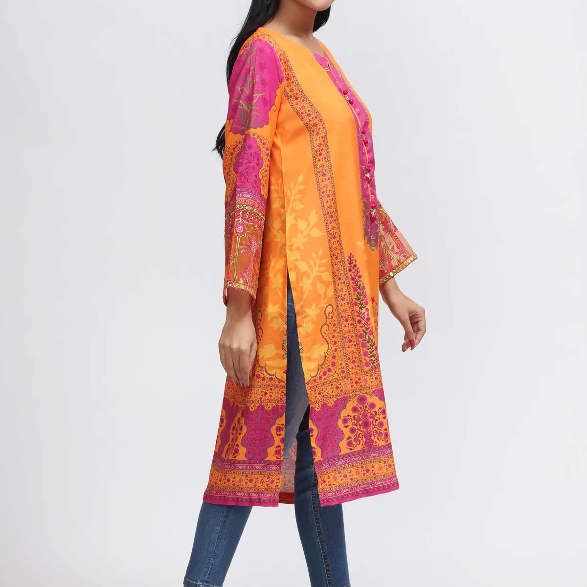 1PC- Embroidered & Printed Raw Silk Shirt PW3059