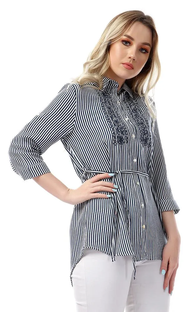 53583 Buttoned High Low Striped & Floral Embroidered Navy Blue Shirt