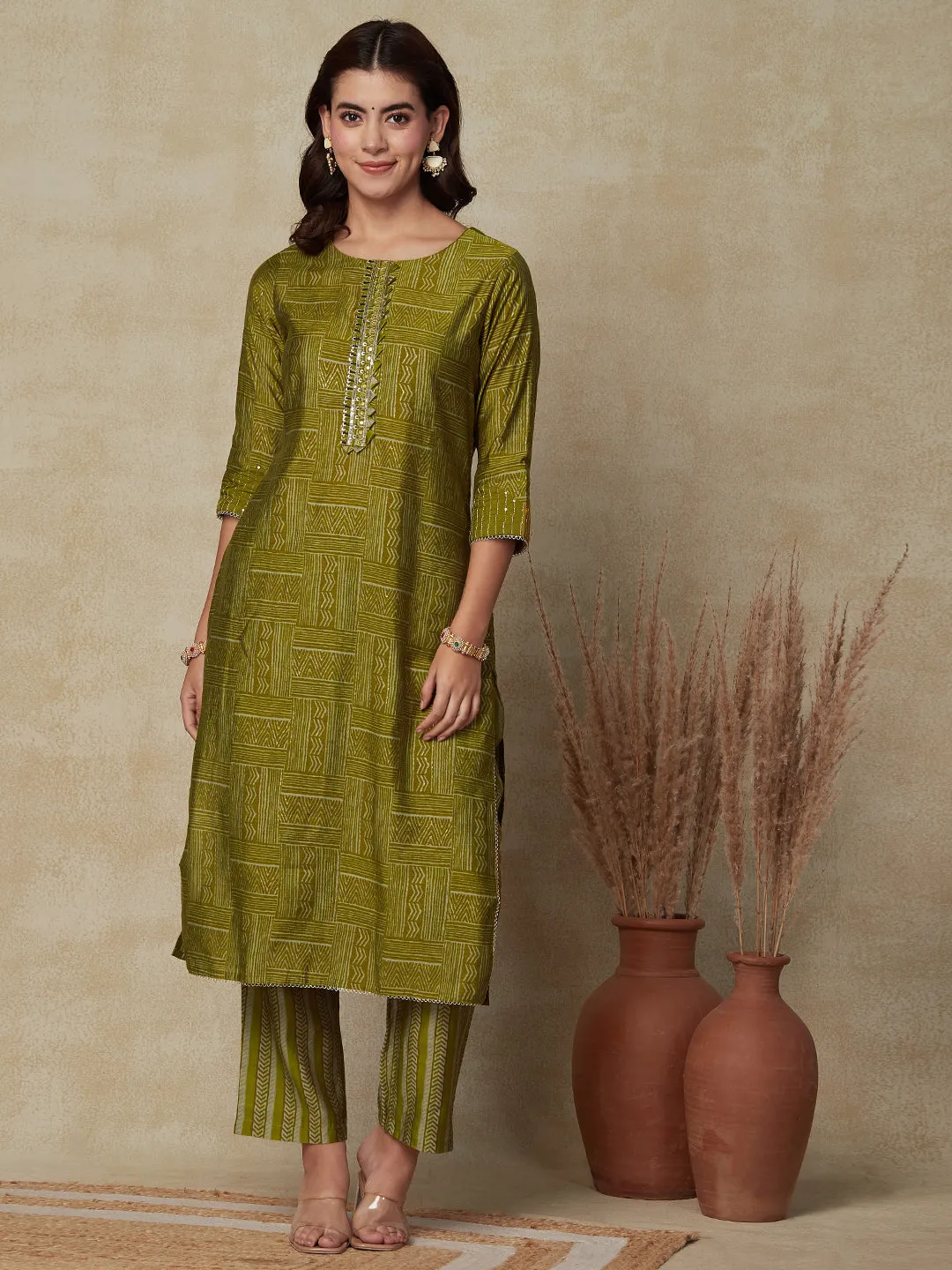 Abstract Printed Mirror & Sequins Embroidered Kurta with Pants & Floral Dupatta - Olive