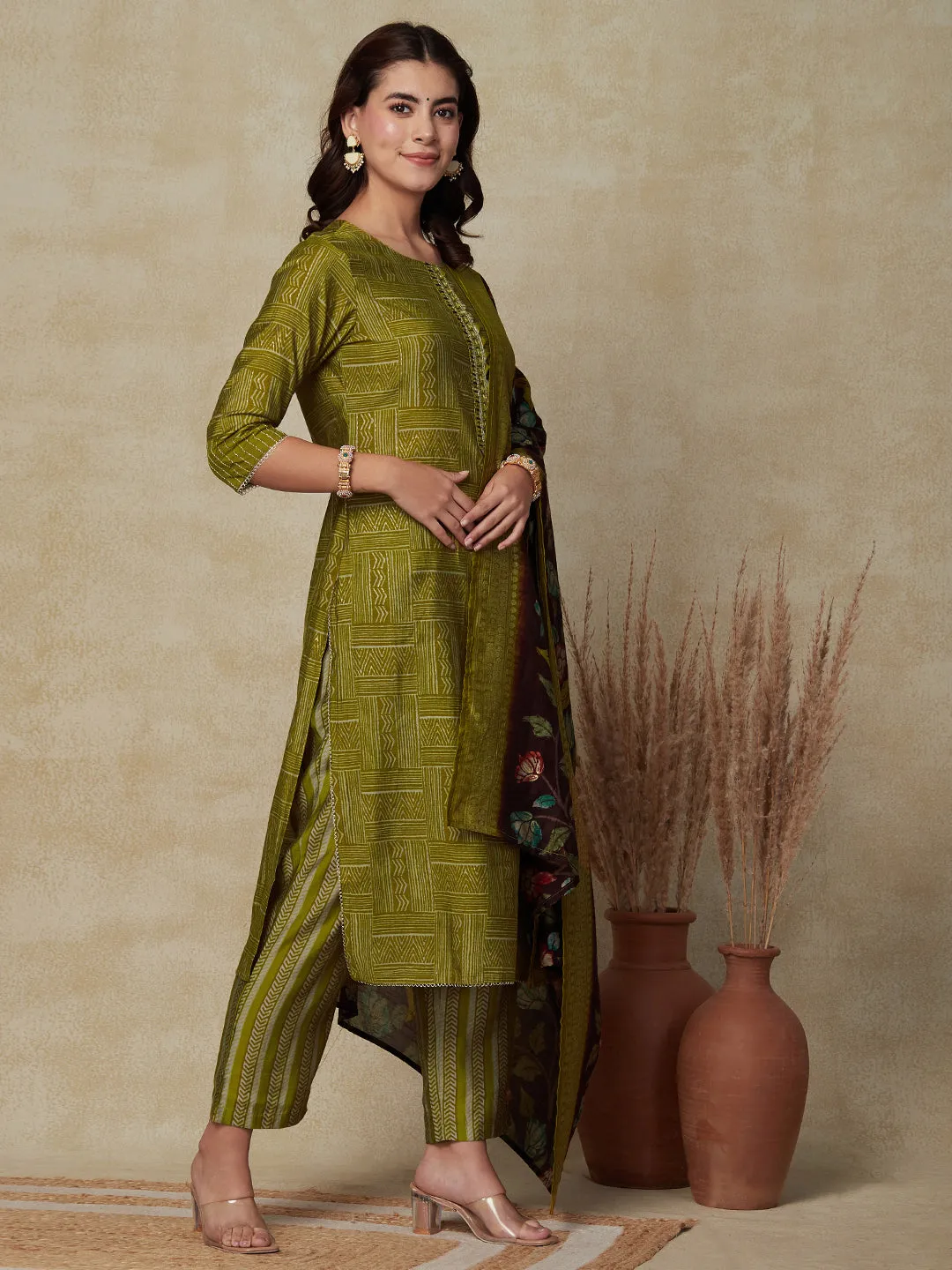 Abstract Printed Mirror & Sequins Embroidered Kurta with Pants & Floral Dupatta - Olive