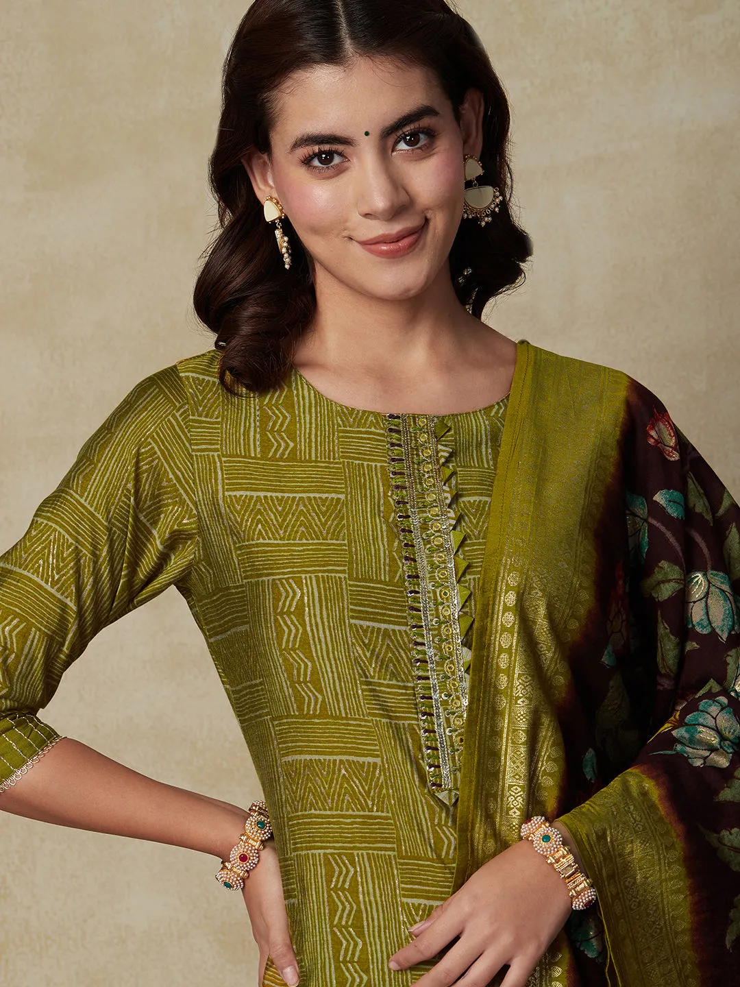 Abstract Printed Mirror & Sequins Embroidered Kurta with Pants & Floral Dupatta - Olive