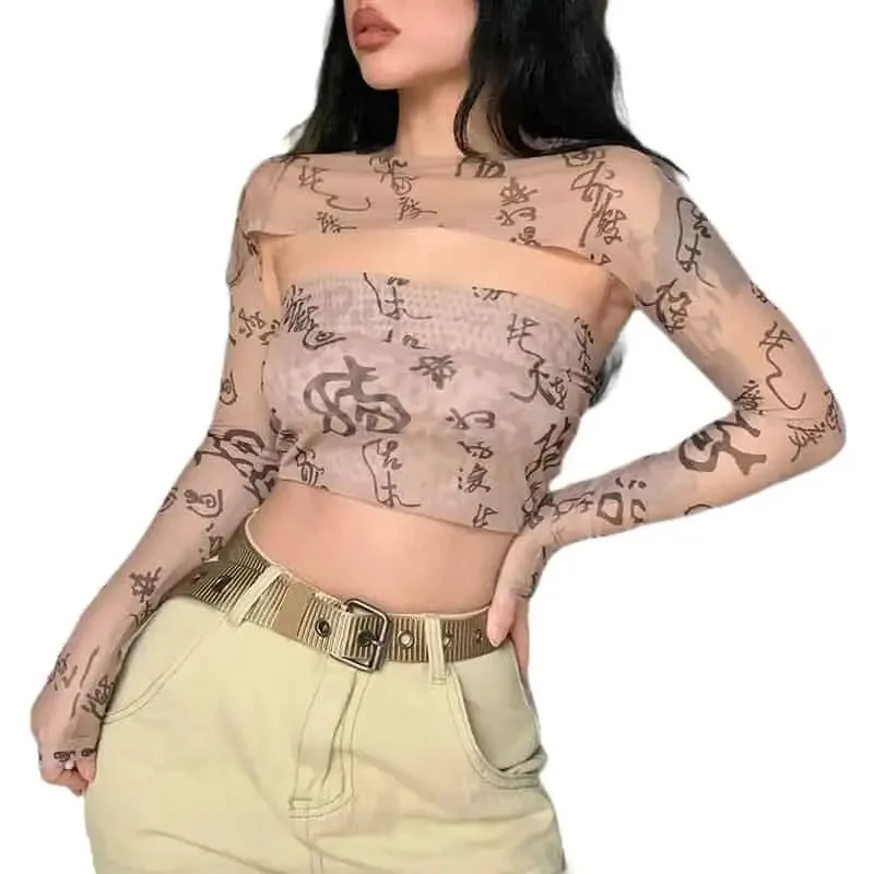 Aesthetic Two-Part Long Sleeve Buckle Mesh Crop-Top