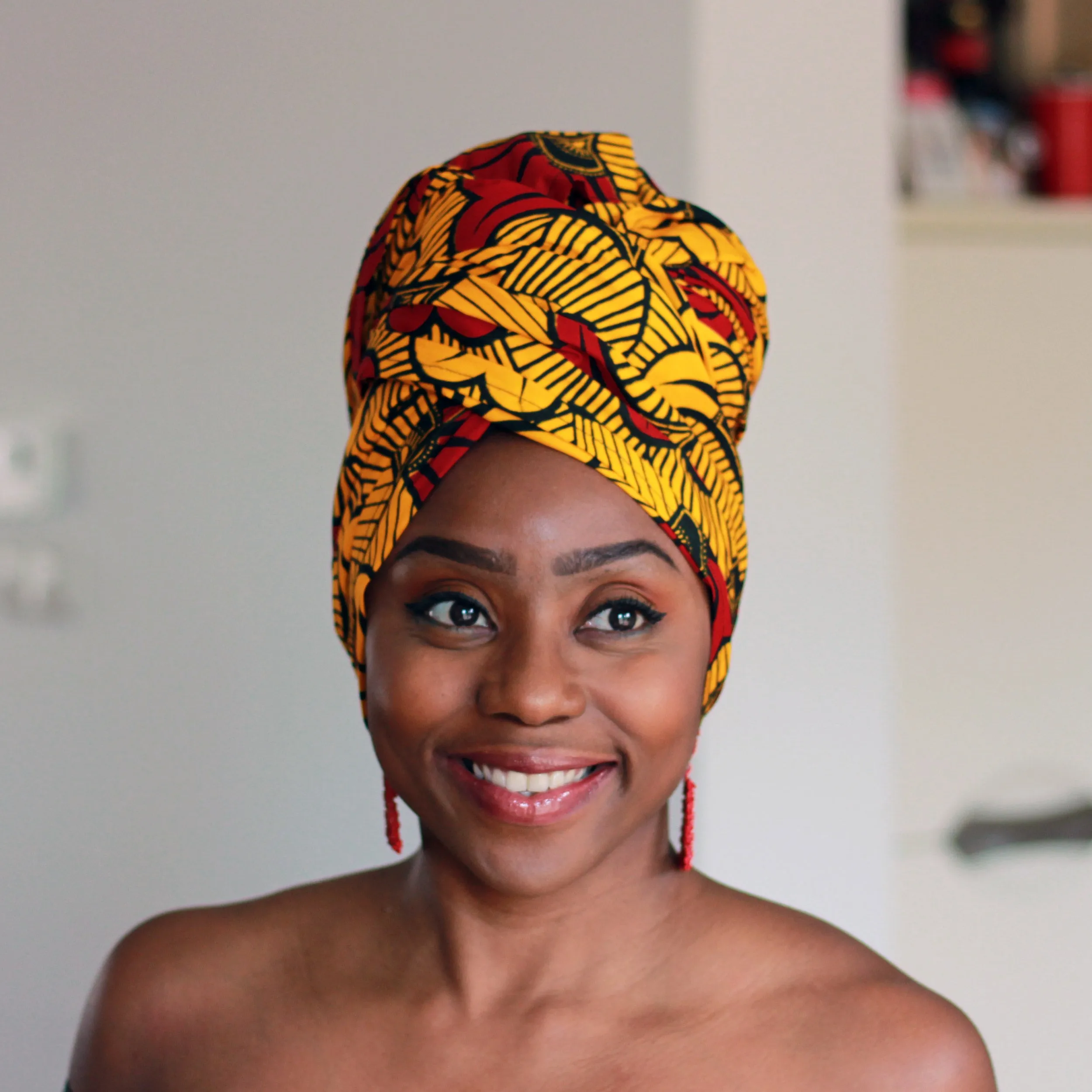 African headwrap - Gold / Red wedding flowers (Vlisco)