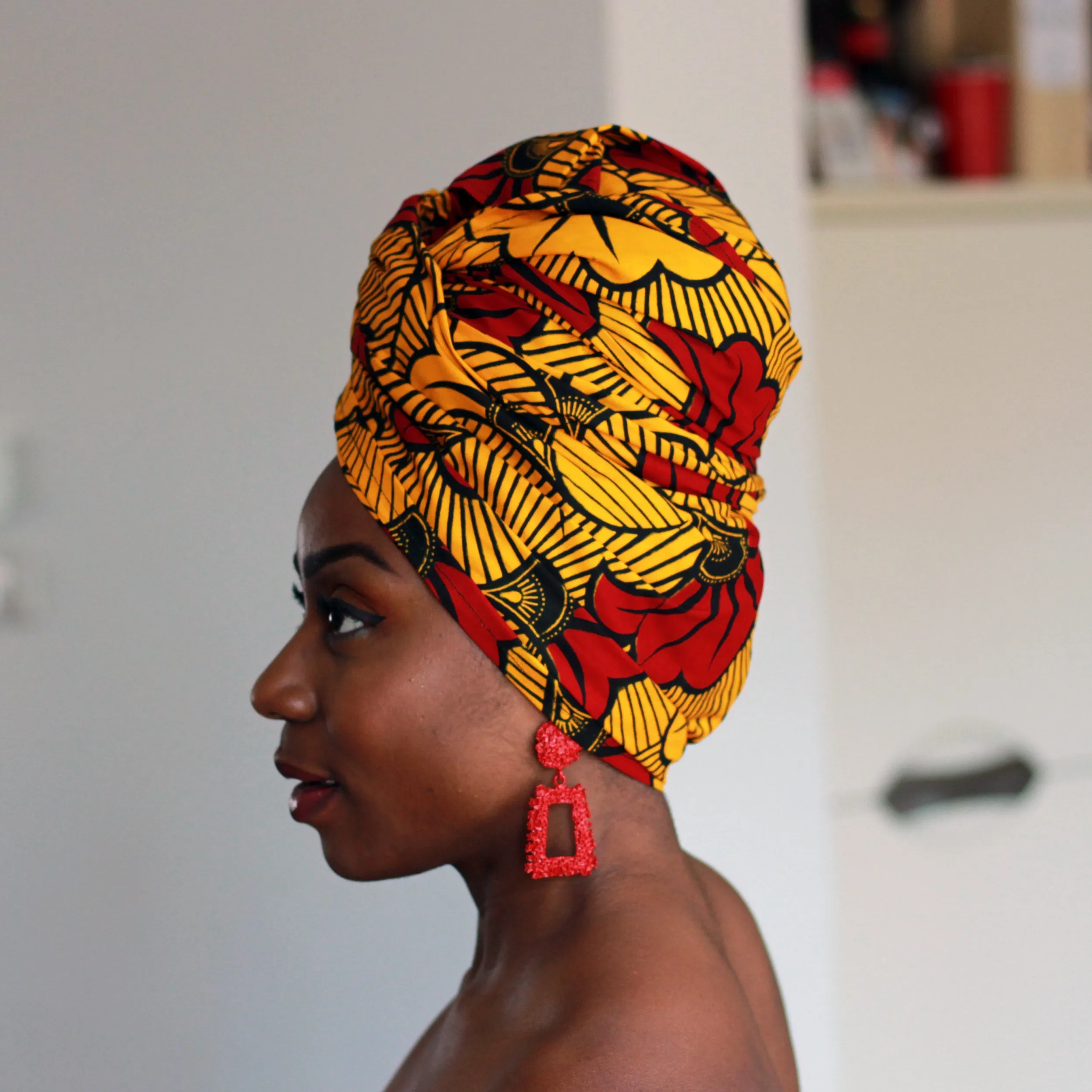 African headwrap - Gold / Red wedding flowers (Vlisco)