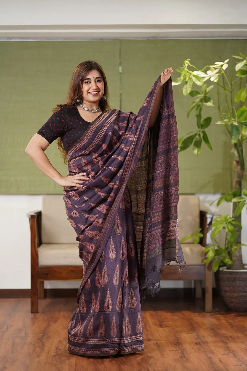 Ajrakh Hand Block Printed Eri Silk saree