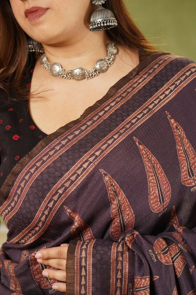 Ajrakh Hand Block Printed Eri Silk saree