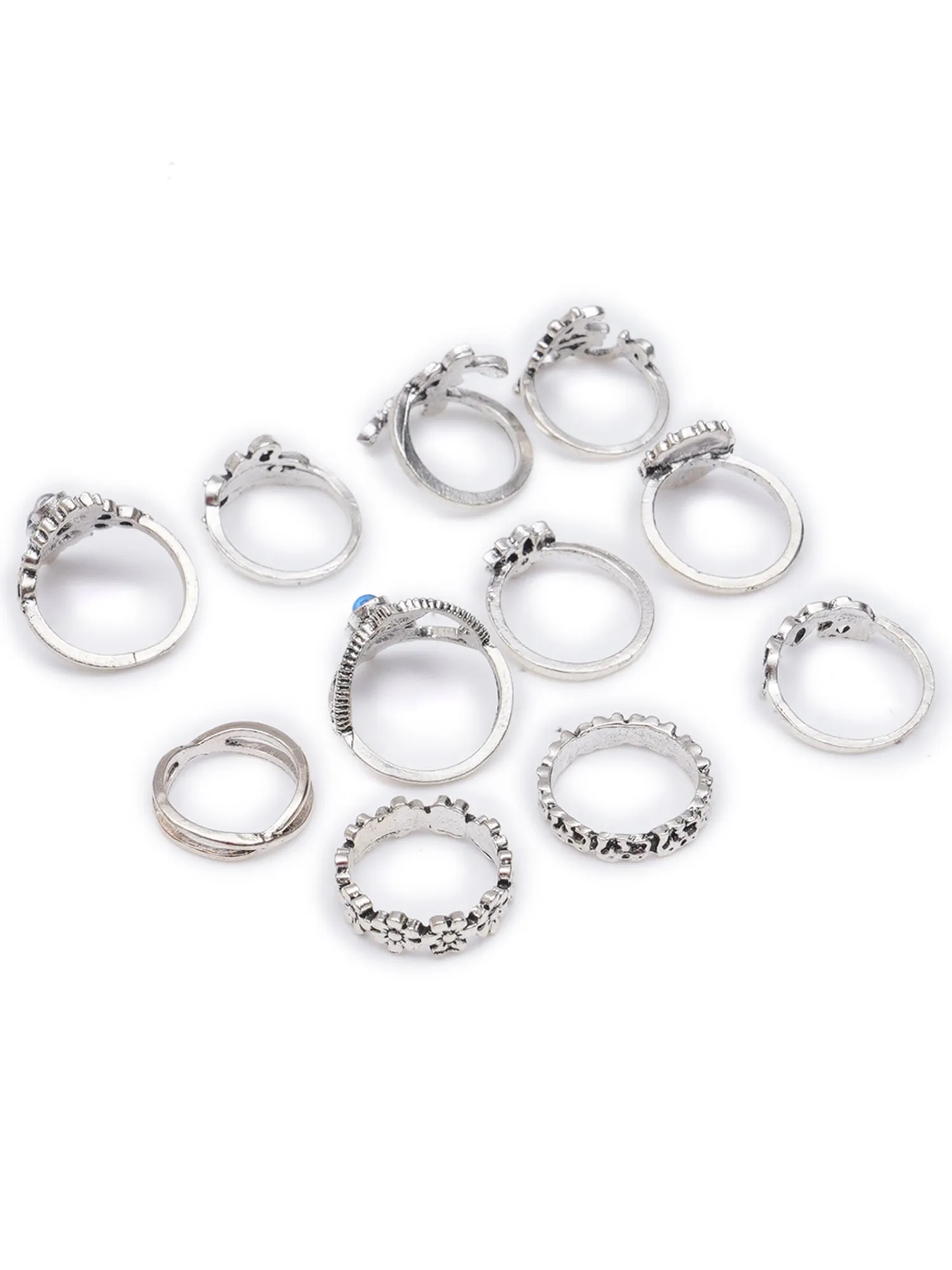 Antique Set of 11 Oxidised Silver Colour White Pearl Bohemian Midi Rings for Women