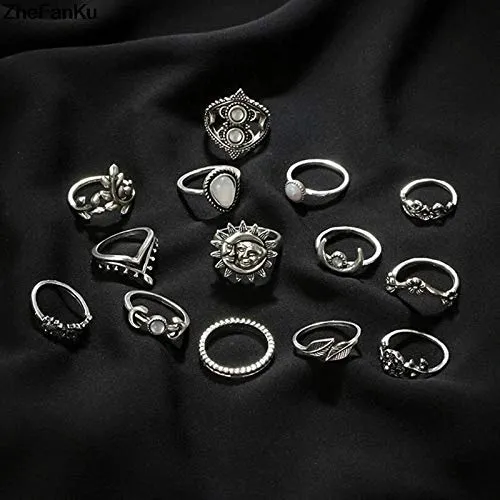 Antique Set of 11 Oxidised Silver Colour White Pearl Bohemian Midi Rings for Women