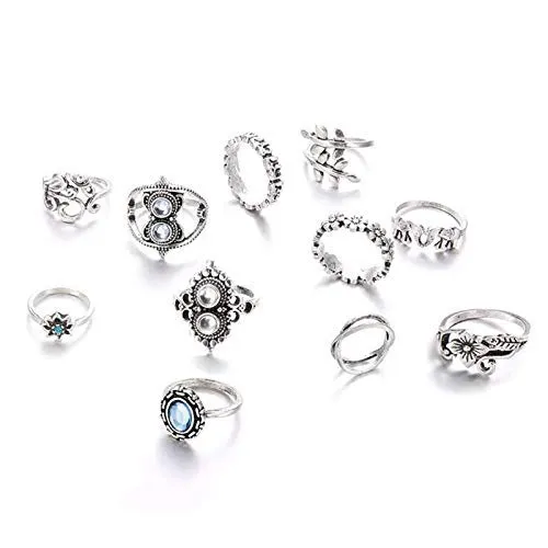 Antique Set of 11 Oxidised Silver Colour White Pearl Bohemian Midi Rings for Women