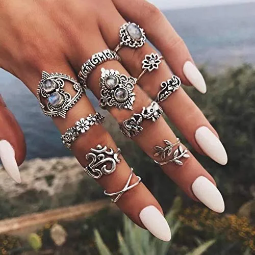 Antique Set of 11 Oxidised Silver Colour White Pearl Bohemian Midi Rings for Women