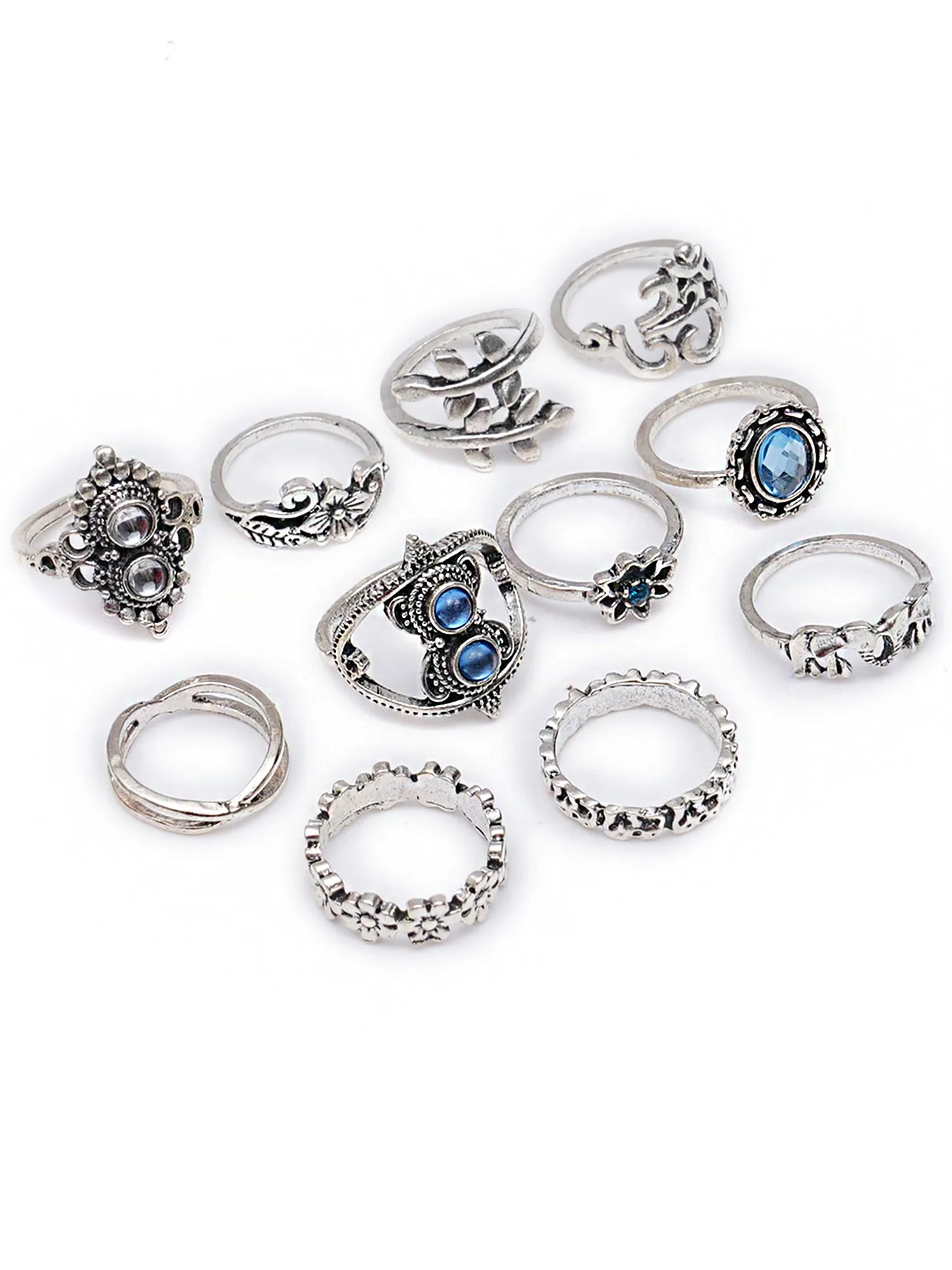 Antique Set of 11 Oxidised Silver Colour White Pearl Bohemian Midi Rings for Women