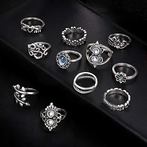 Antique Set of 11 Oxidised Silver Colour White Pearl Bohemian Midi Rings for Women