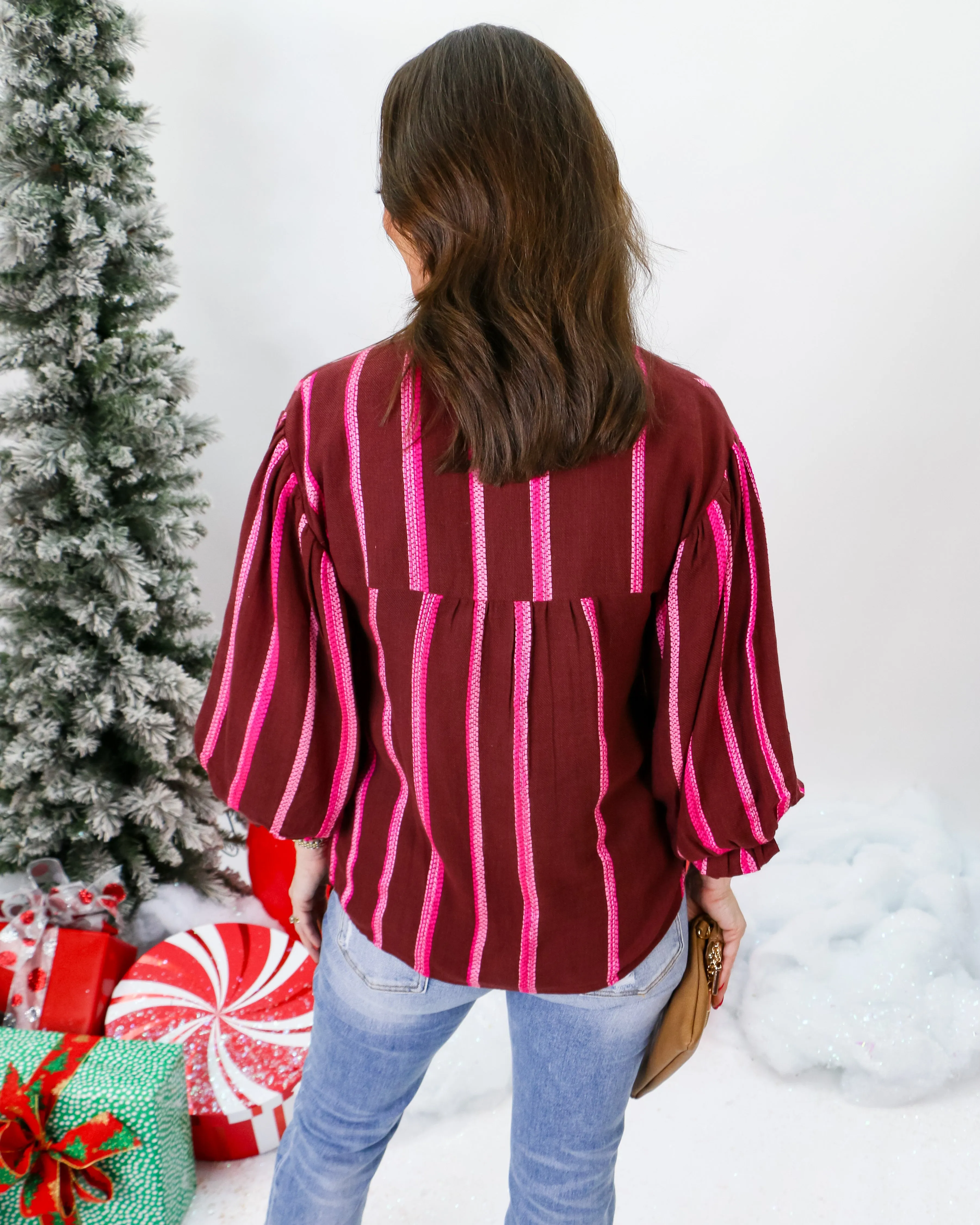 Balloon Sleeve Stripe Top in Wine