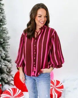 Balloon Sleeve Stripe Top in Wine