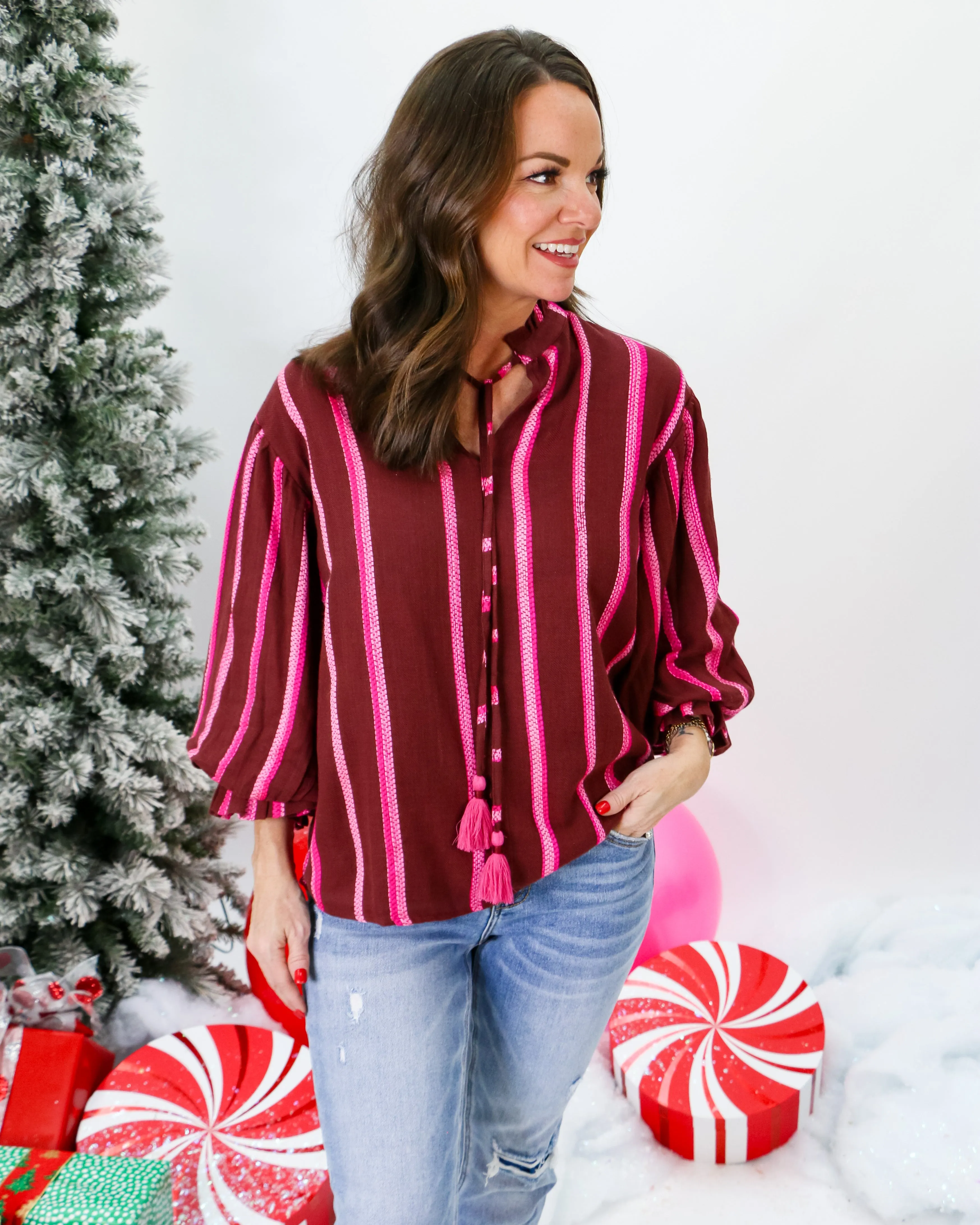 Balloon Sleeve Stripe Top in Wine