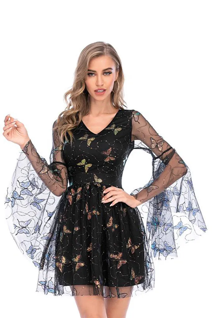 Bell Sleeve Sequin Tulle Dress