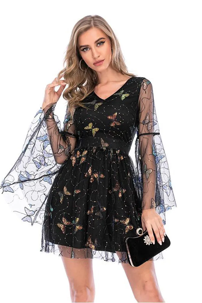 Bell Sleeve Sequin Tulle Dress