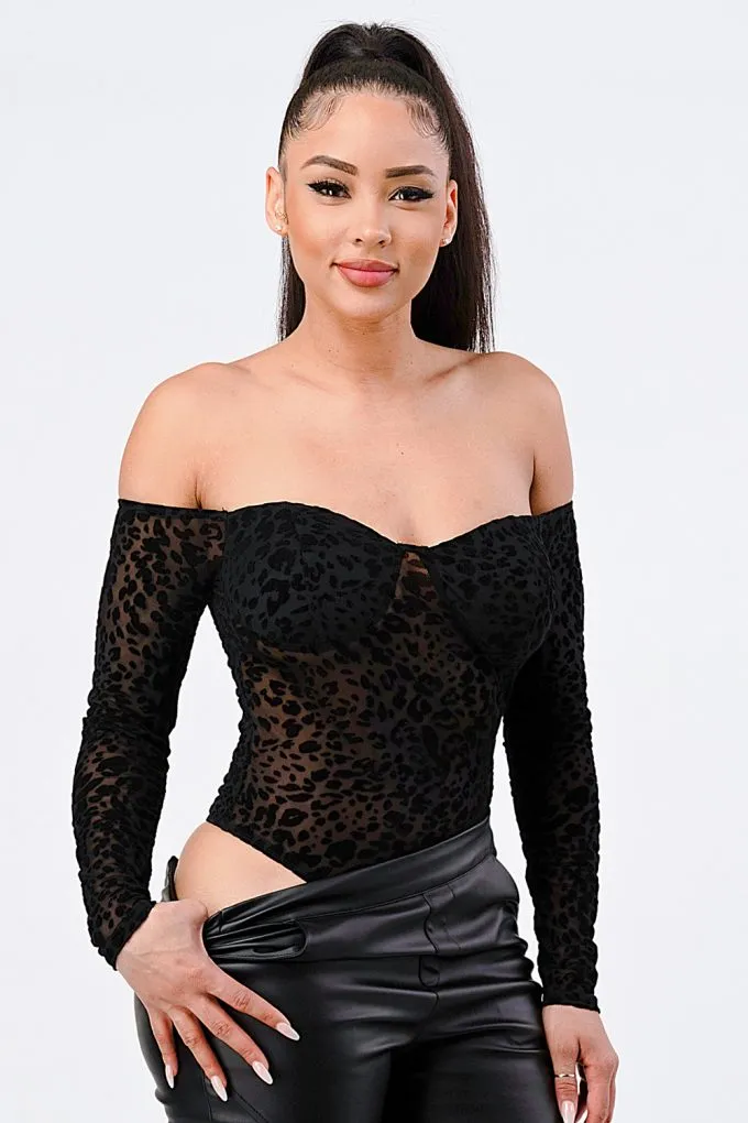 Black Leopard Print Off Shoulder Bodysuit