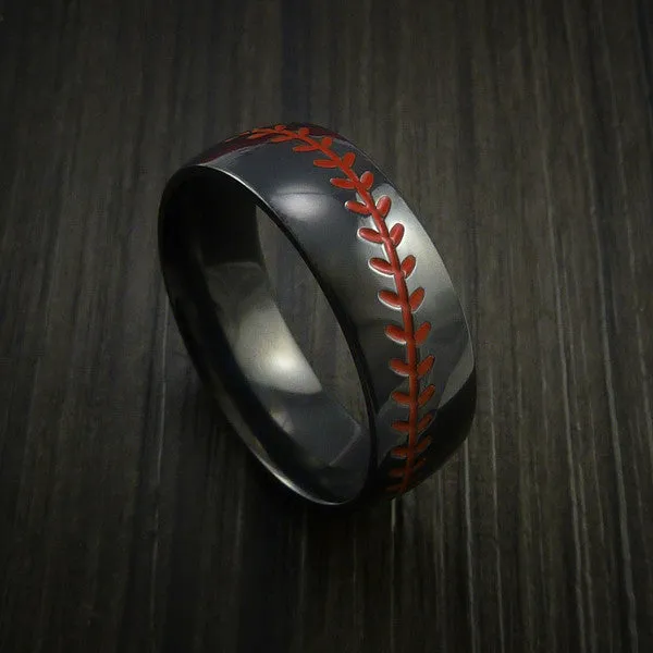 Black Zirconium Baseball Men's Ring with Polish Finish