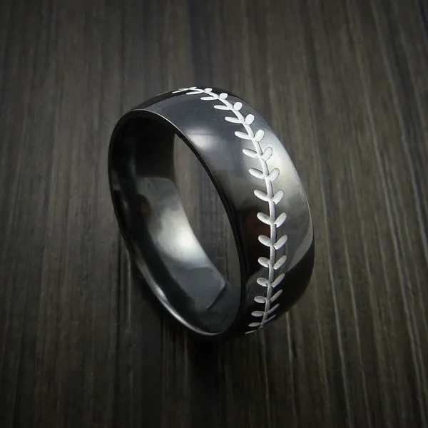 Black Zirconium Baseball Men's Ring with Polish Finish