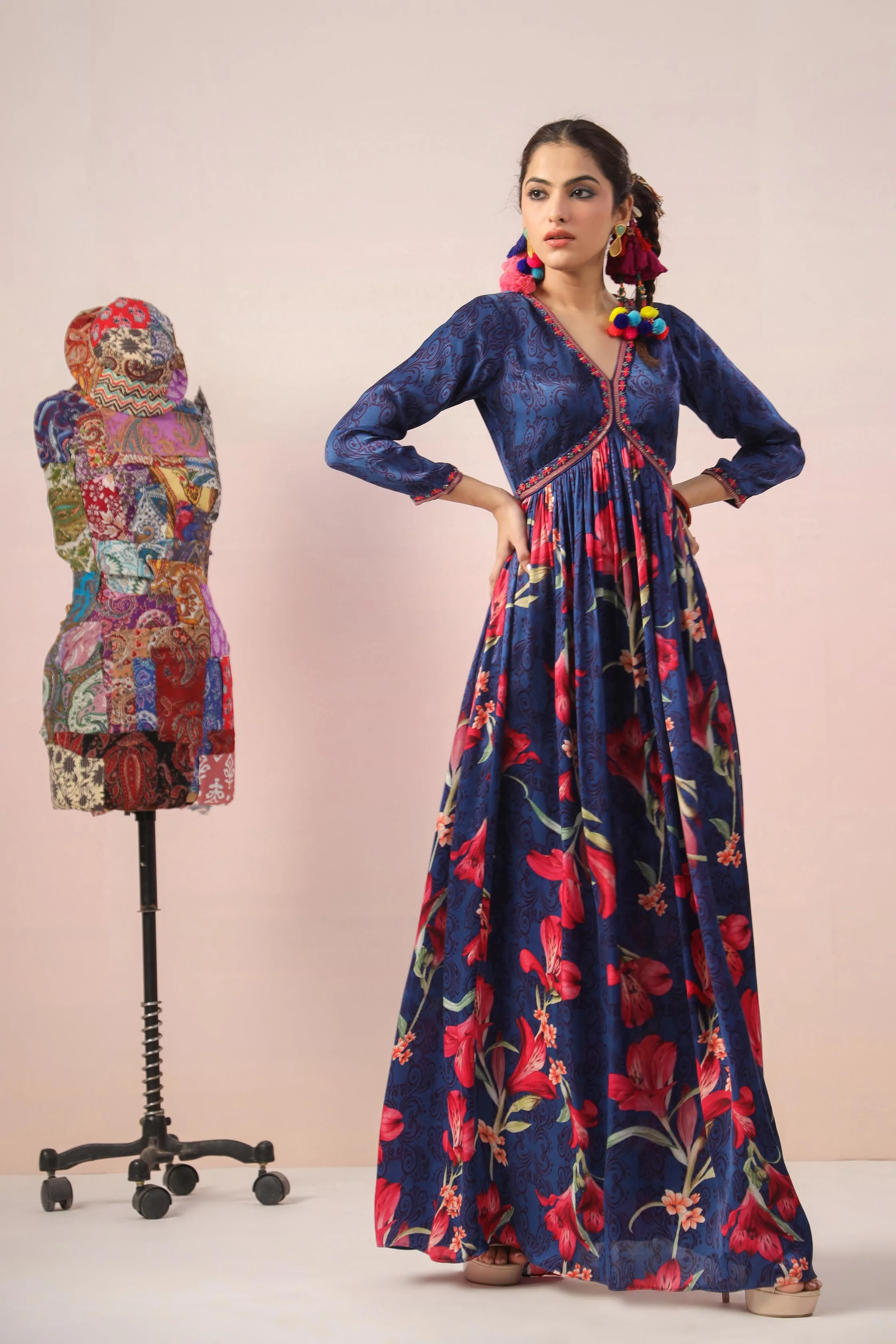 Blue Floral Printed Bamberg Satin Silk Dress