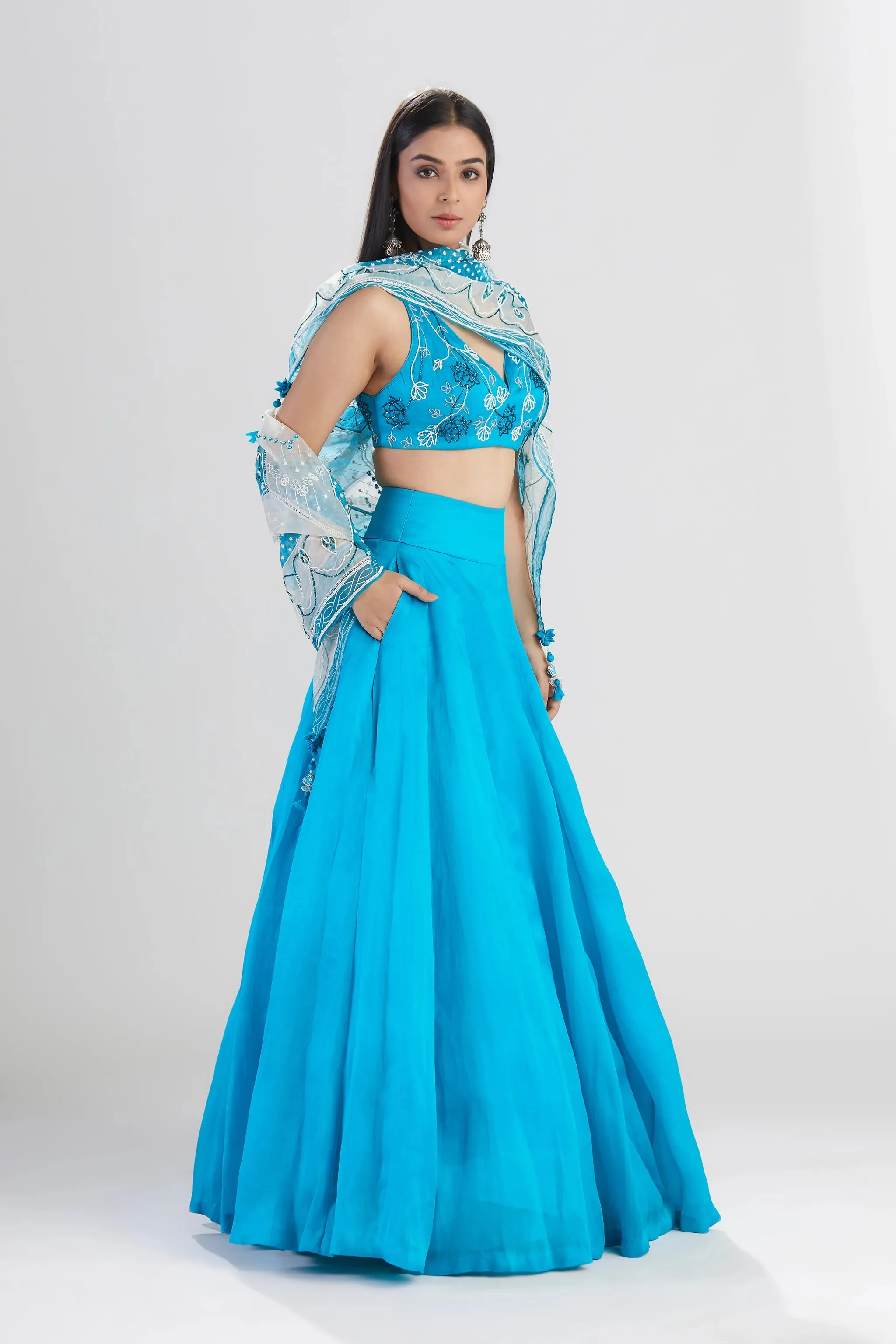 Blue Silk Lehenga with Scarf