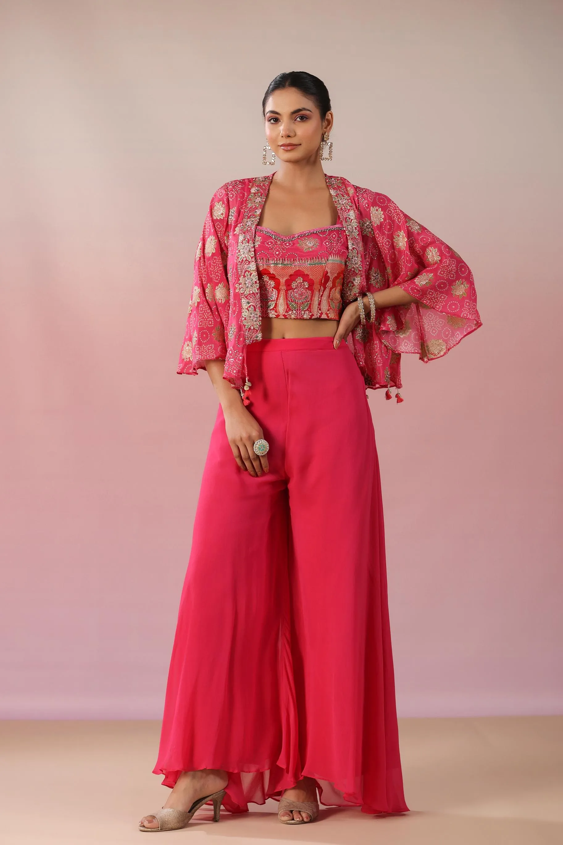 Brink Pink Embroidered Premium Georgette Silk Cape Palazzo Set