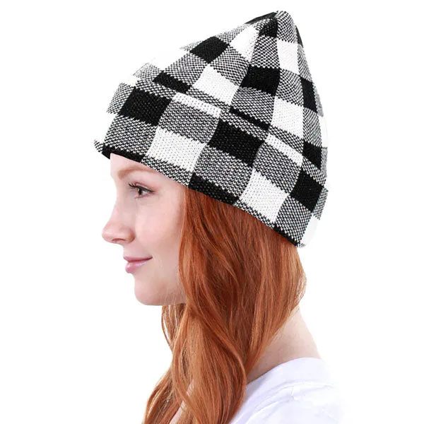 Buffalo Check Patterned Knit Beanie Hat