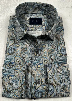 Calder Carmel Luxury Italian Printed Paisley On Twill Melange Sport Shirt in Slate