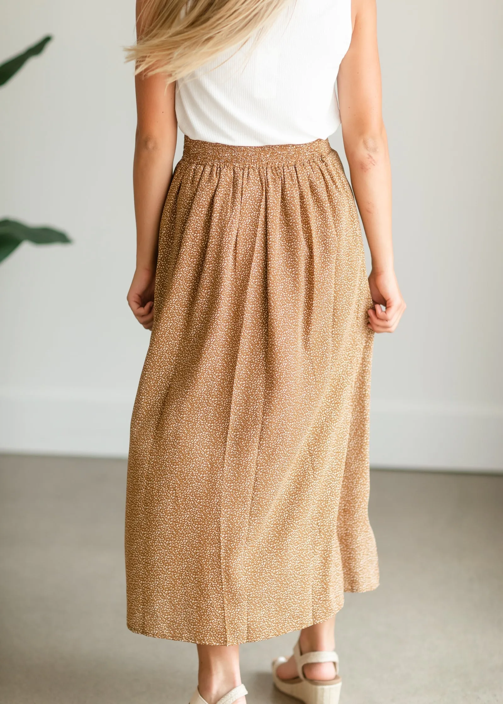 Camel Button Front Patterned Maxi Skirt