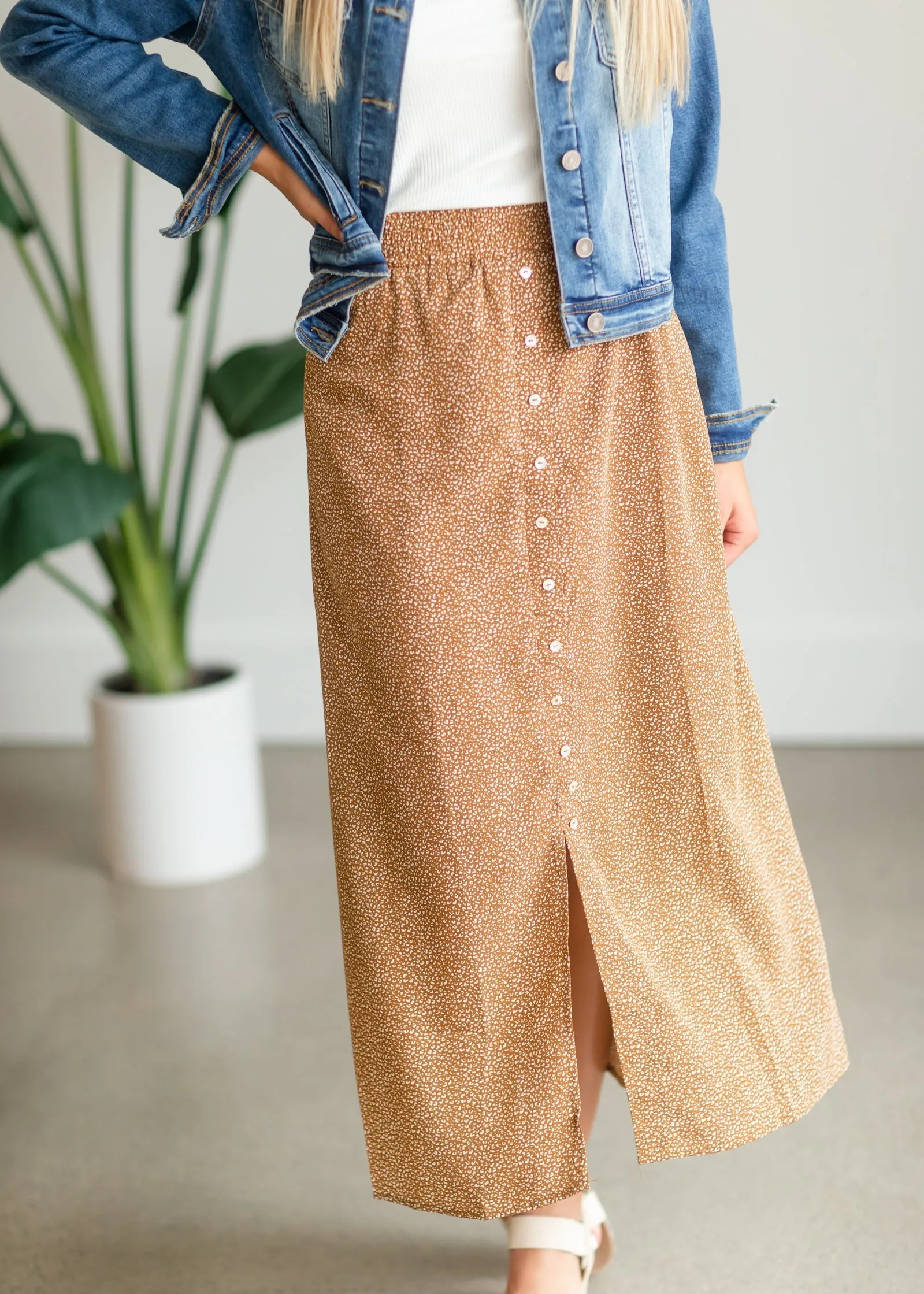 Camel Button Front Patterned Maxi Skirt