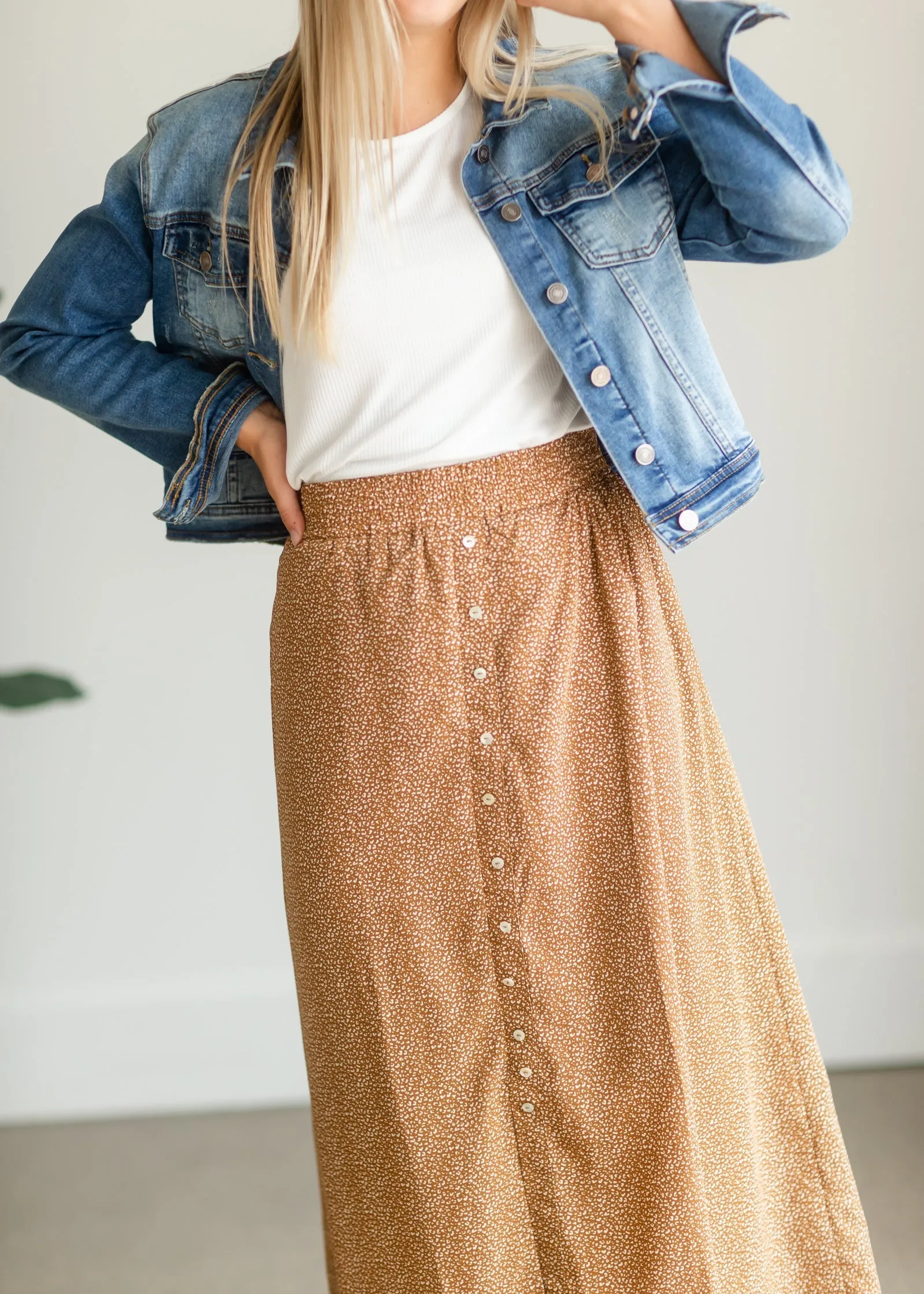 Camel Button Front Patterned Maxi Skirt