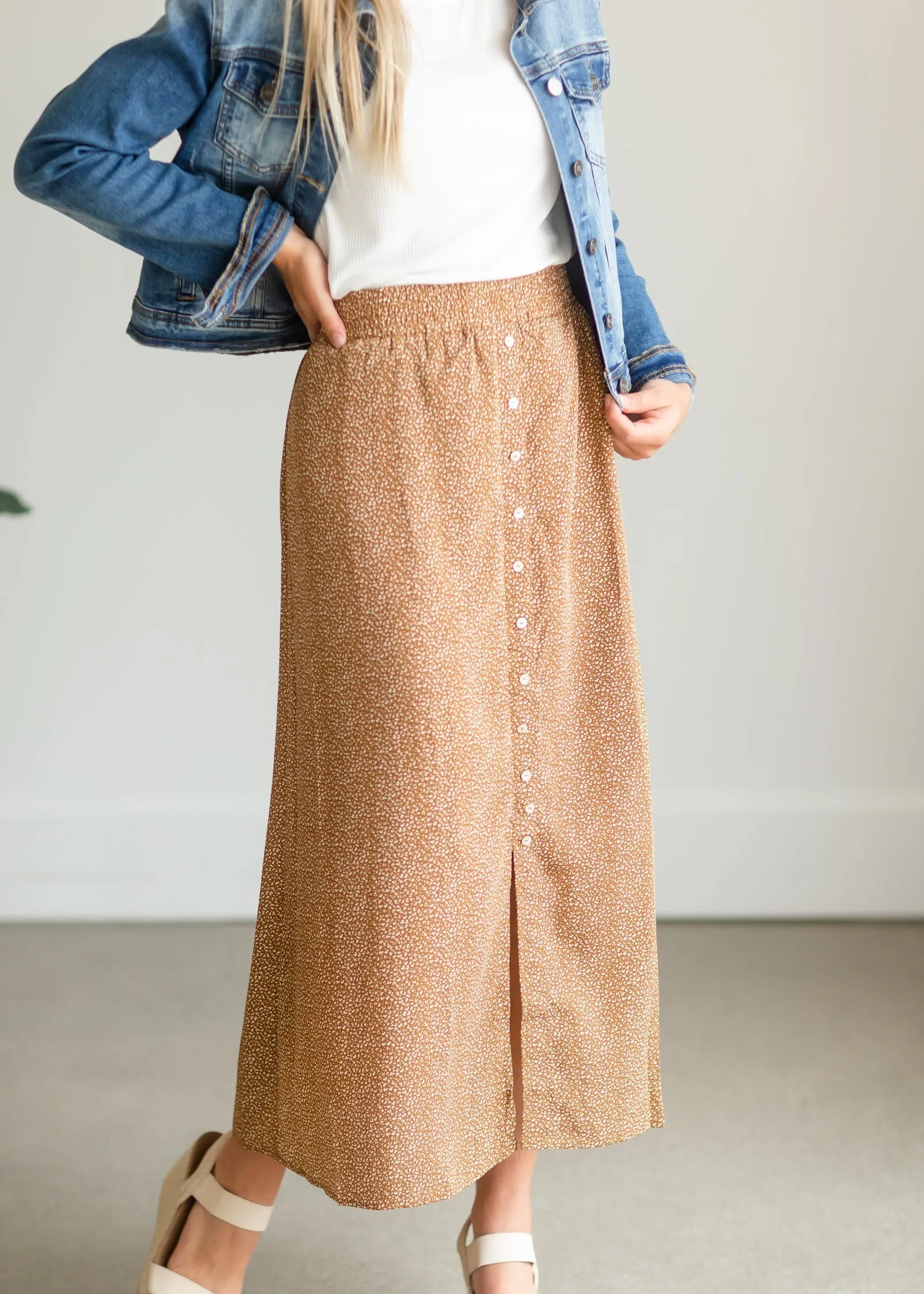 Camel Button Front Patterned Maxi Skirt