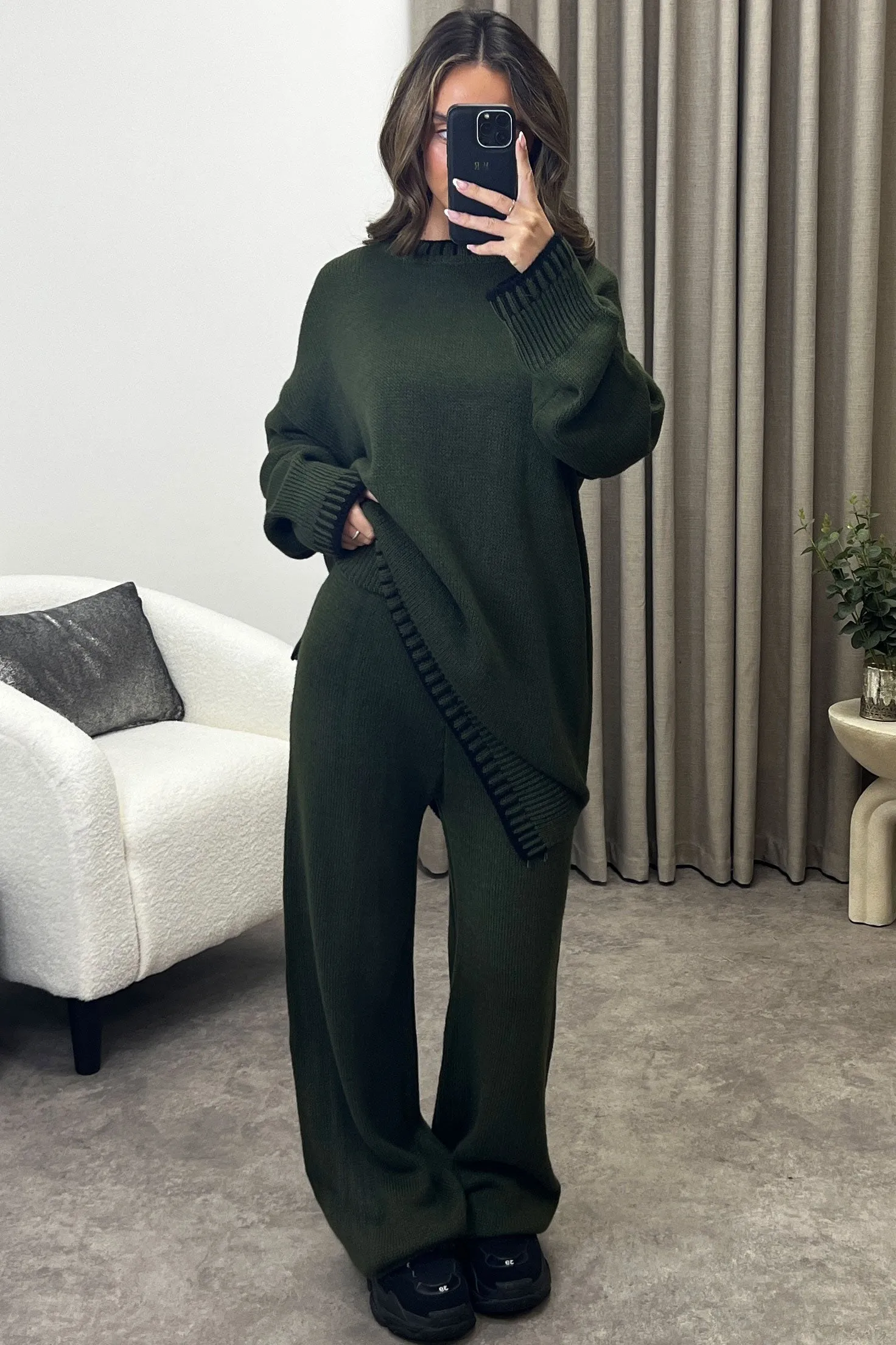 Camina Khaki Contrasting Trim Knitted Jumper and Trousers Co-Ord Set