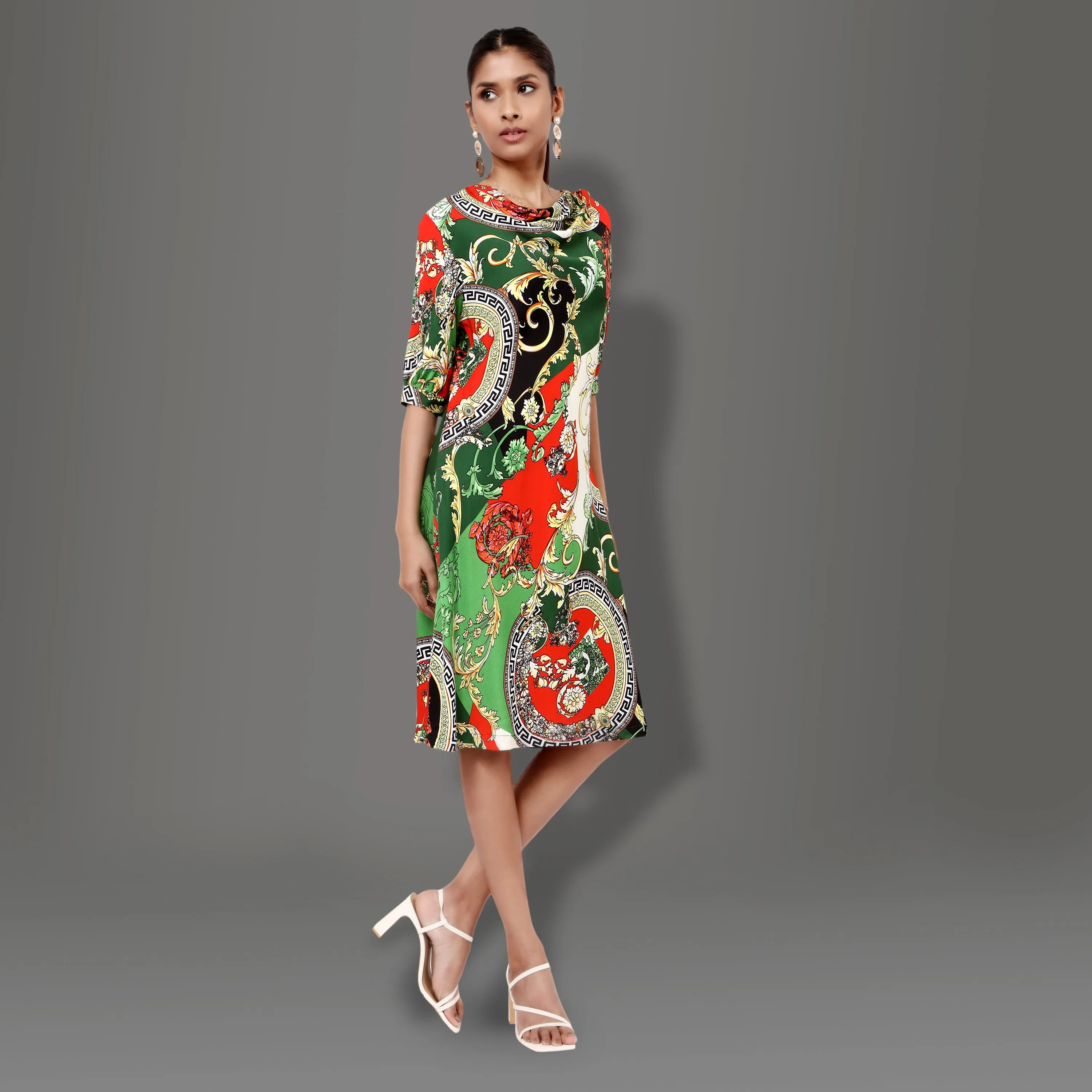 Cara scarf printed cowl neck dress