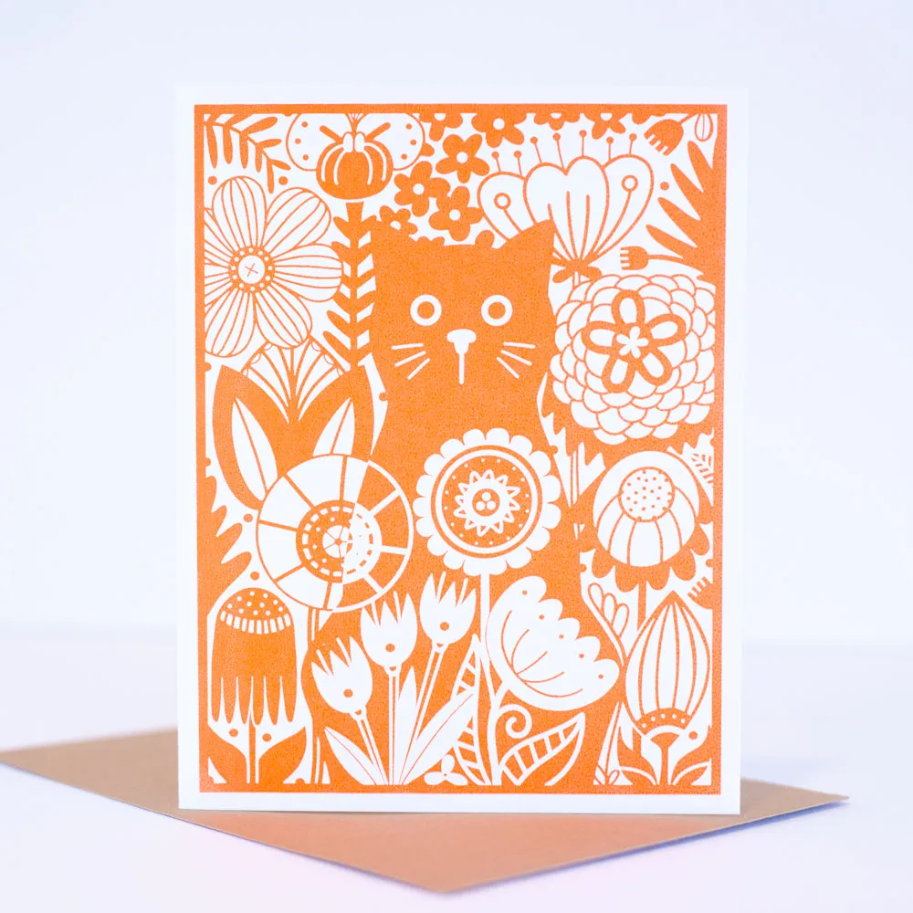 Cat in the Garden art card, blank greeting card for any occasion, scandinavian flower card, cat greeting card