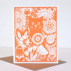 Cat in the Garden art card, blank greeting card for any occasion, scandinavian flower card, cat greeting card