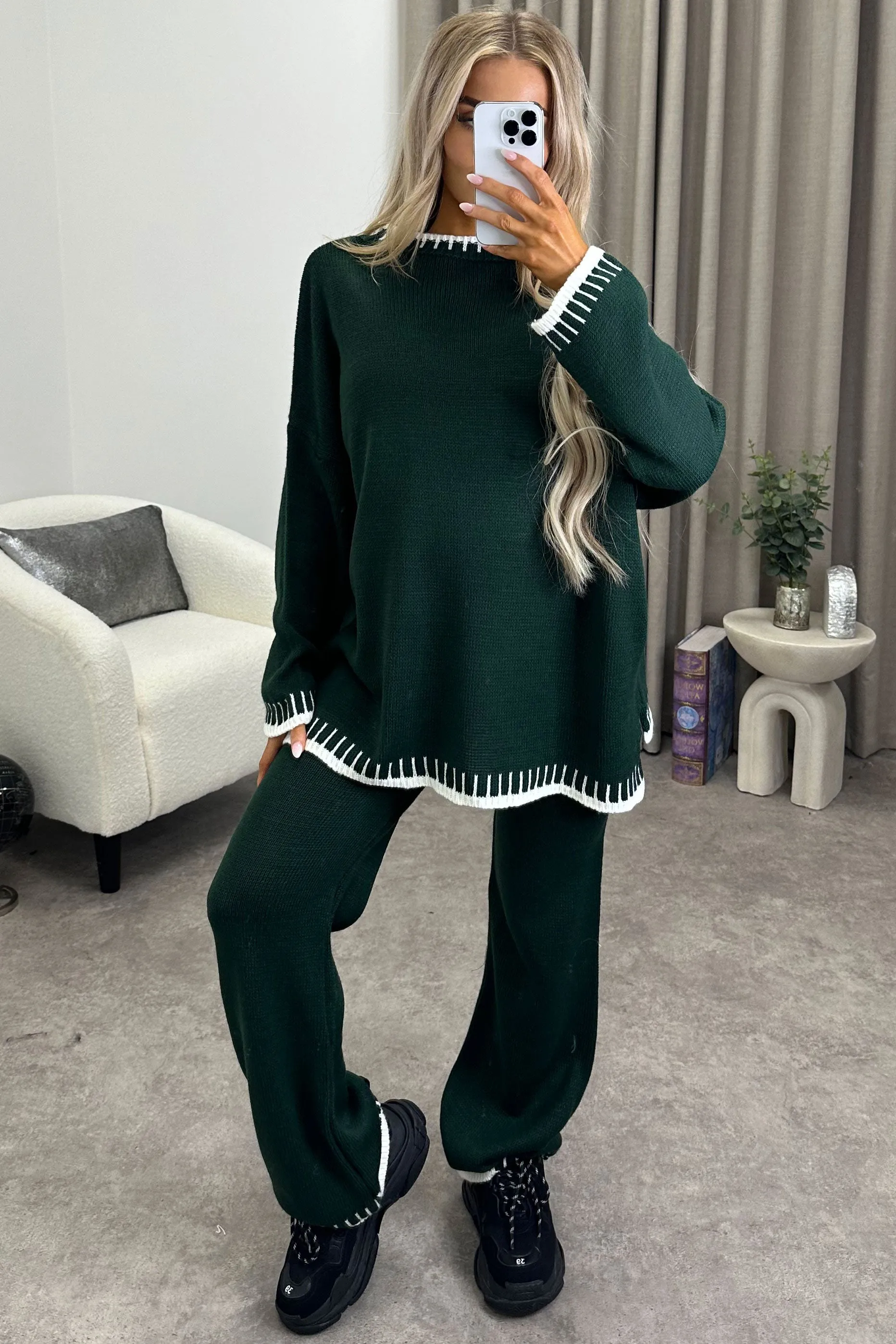 Cloe Dark Green Contrast Trim Knitted Jumper and Wide Leg Trousers Co-Ord Set