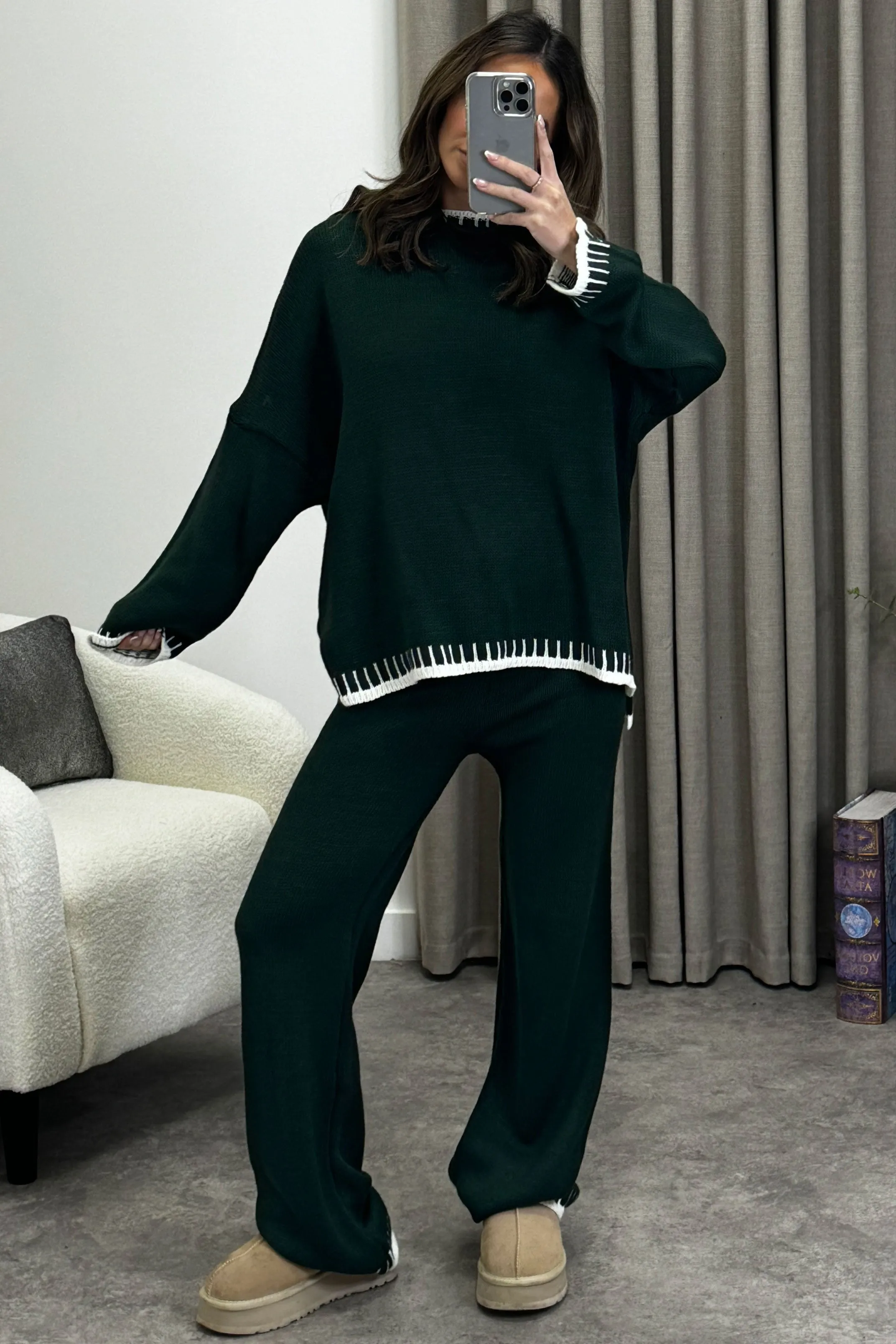 Cloe Dark Green Contrast Trim Knitted Jumper and Wide Leg Trousers Co-Ord Set