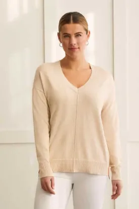 Cotton V-Neck Sweater with Zipper Detail