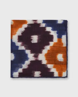 Cotton/Linen Print Pocket Square in Ginger/Navy Ikat