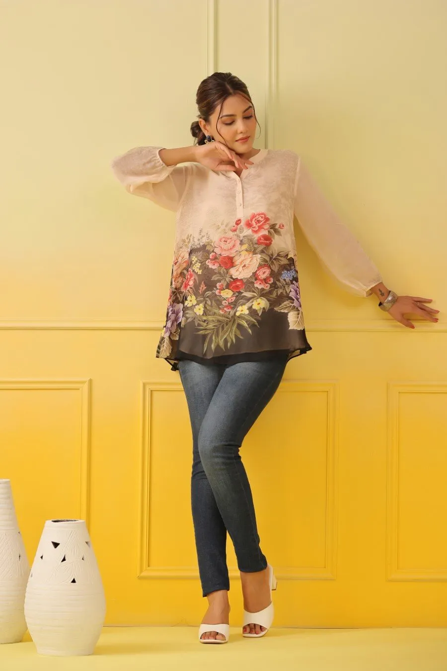 Cream Floral Printed Crepe Silk Top