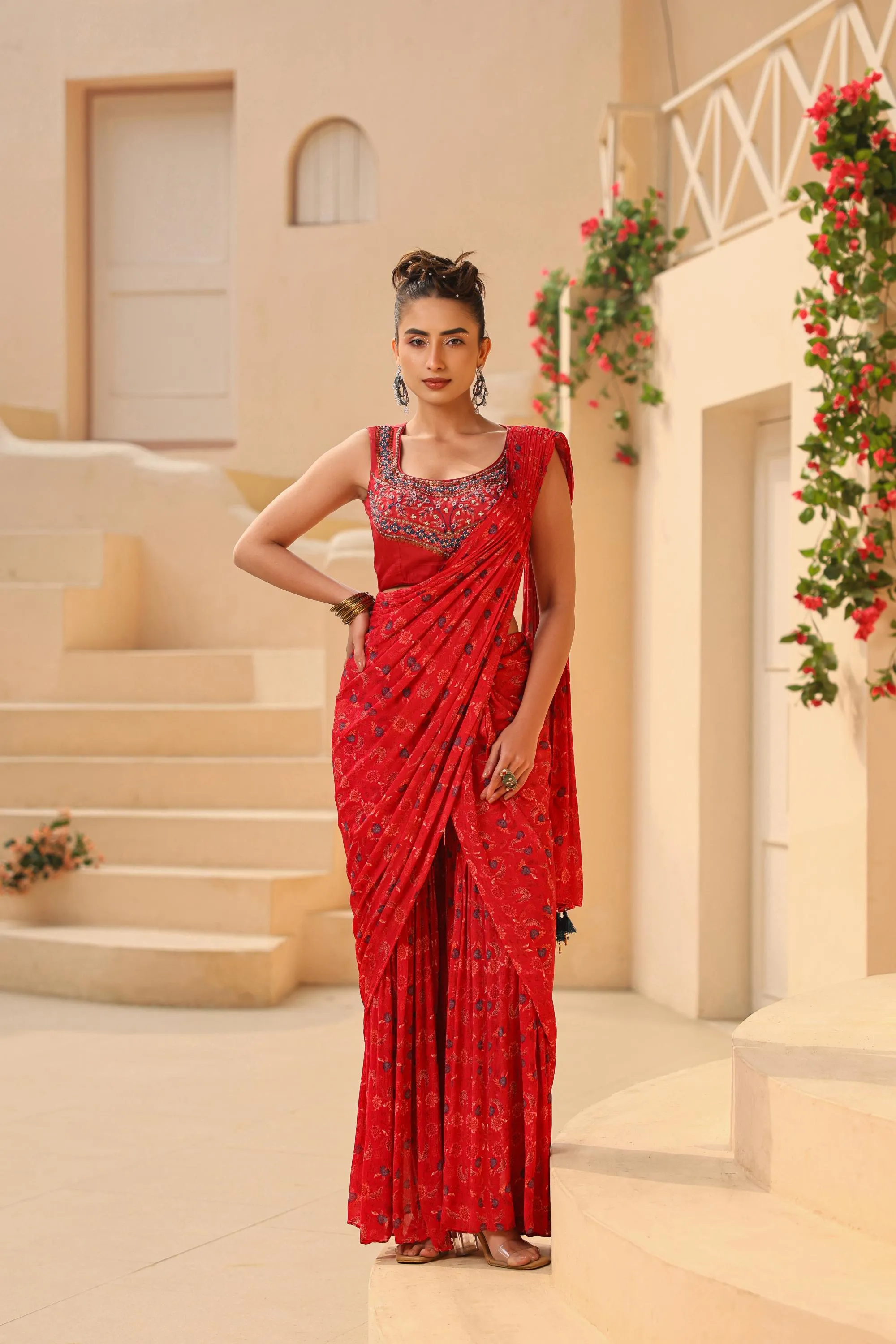 Crimson Red Ethnic Printed Chinon Silk Drape Saree