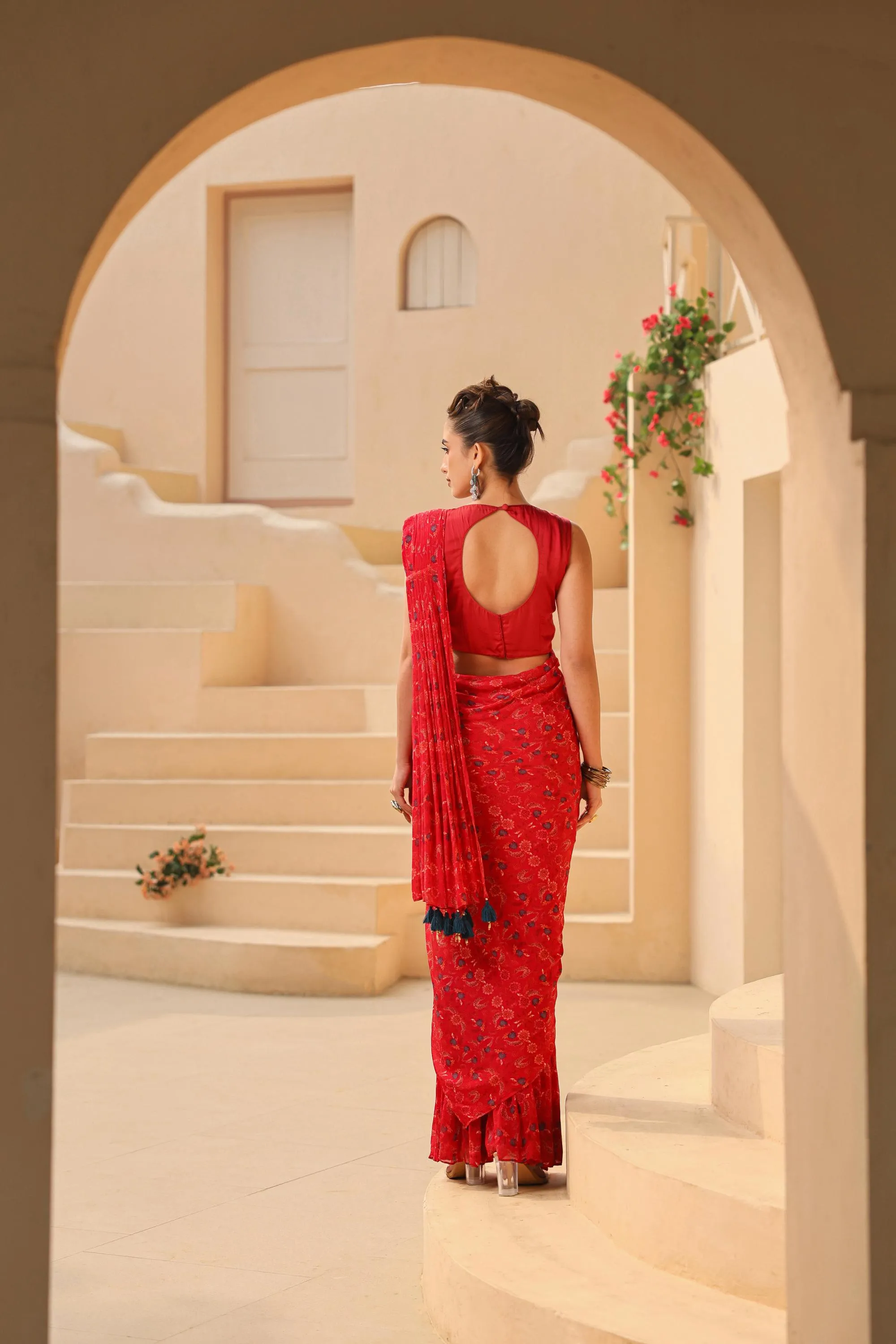 Crimson Red Ethnic Printed Chinon Silk Drape Saree