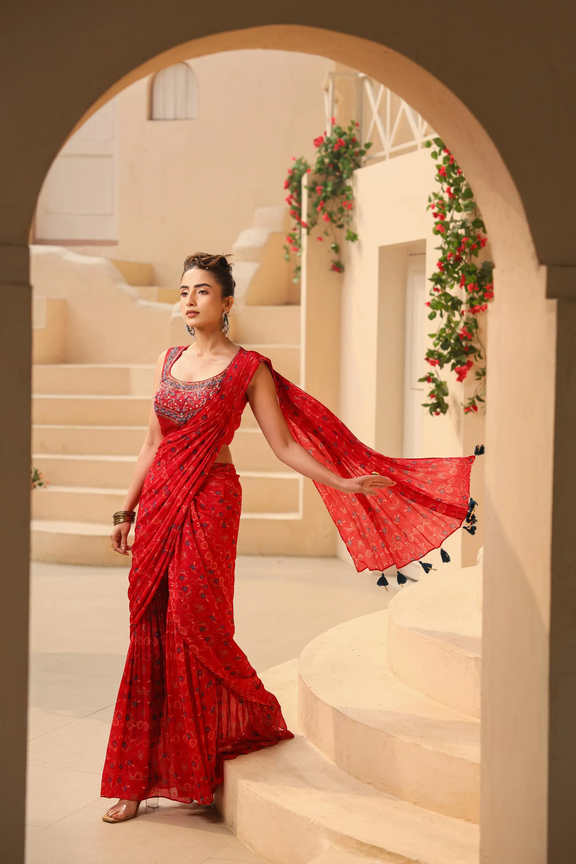 Crimson Red Ethnic Printed Chinon Silk Drape Saree