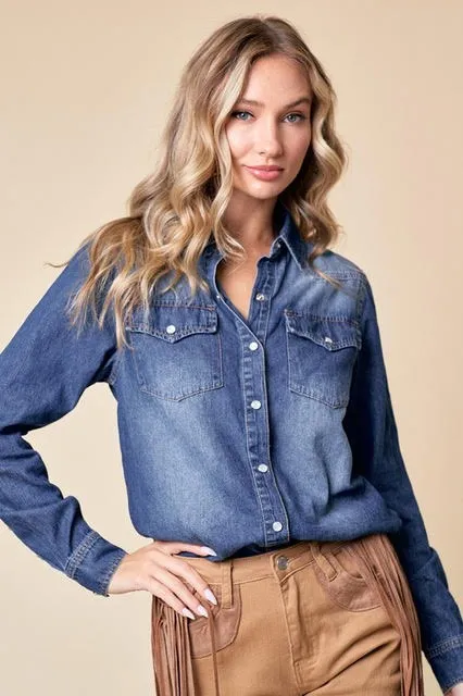 Denim Daze Long Sleeve Denim Button Up - Dark Wash