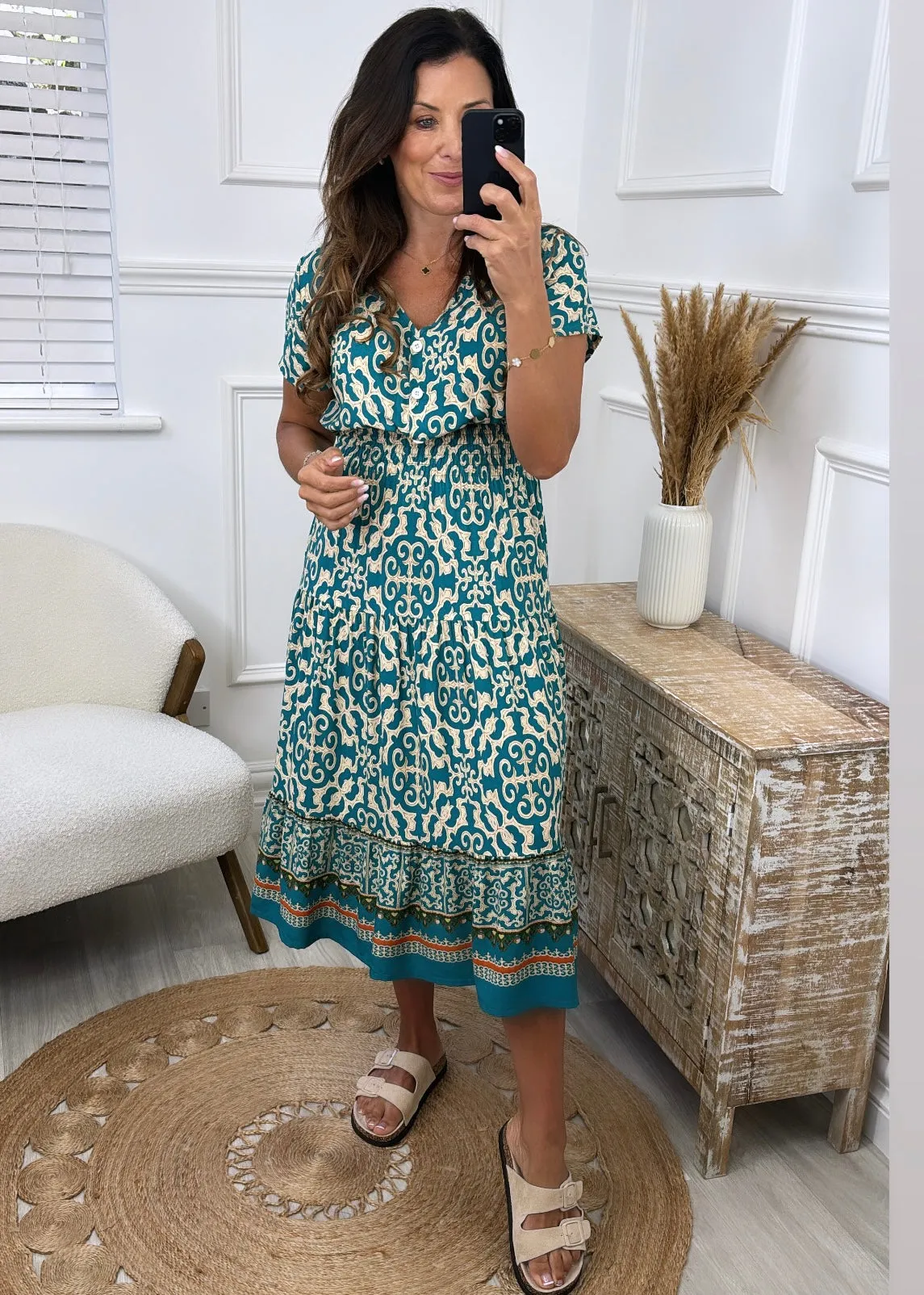 Eldora Teal Patterned Midi Dress