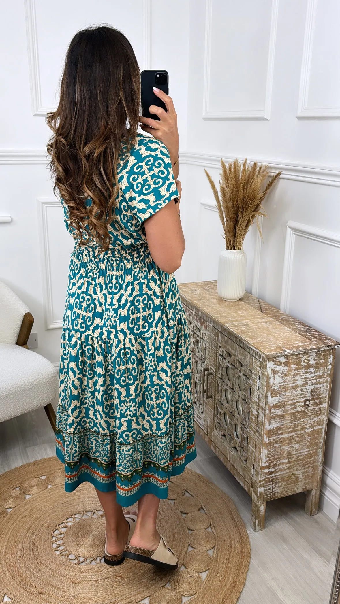 Eldora Teal Patterned Midi Dress