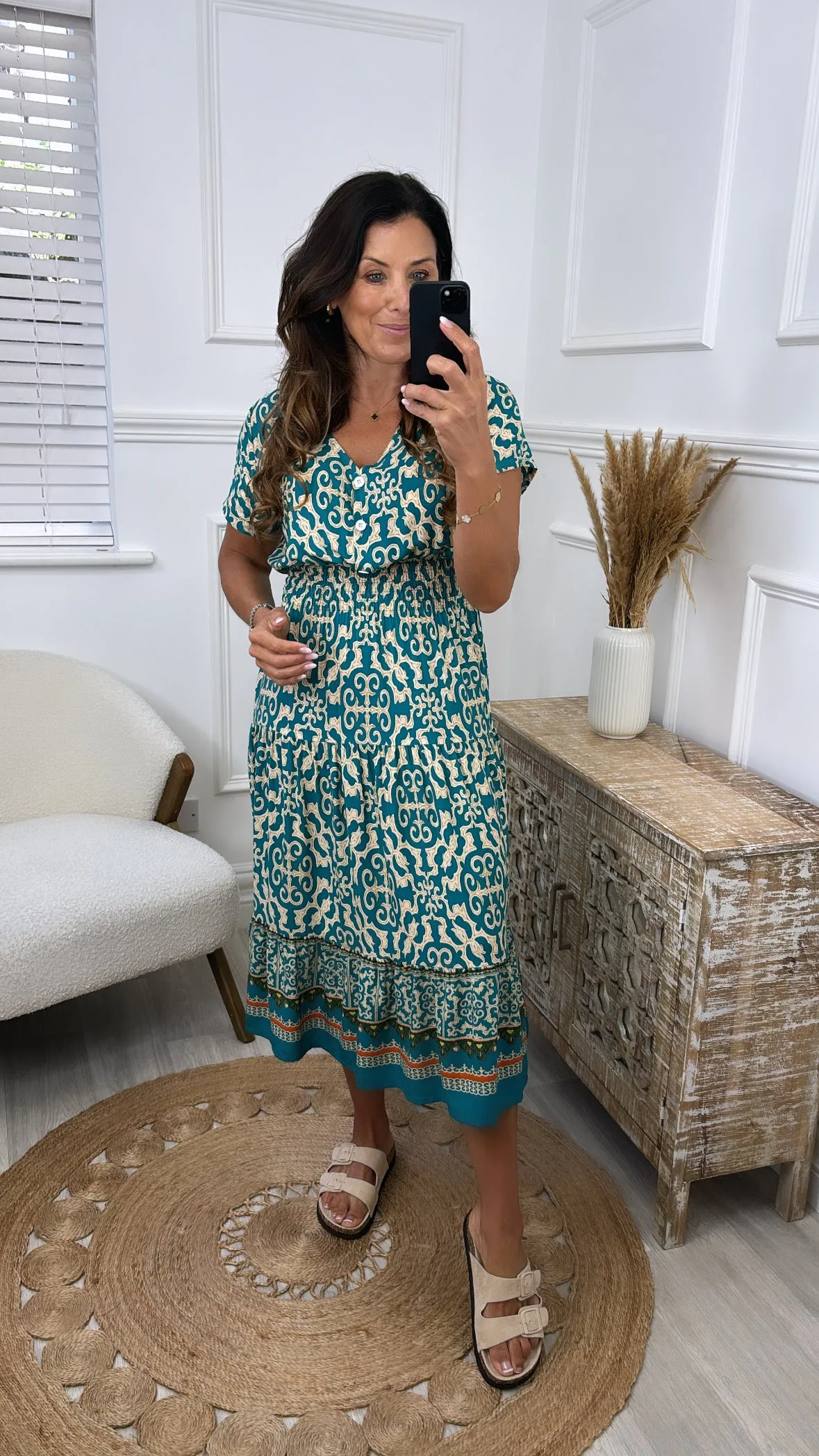 Eldora Teal Patterned Midi Dress