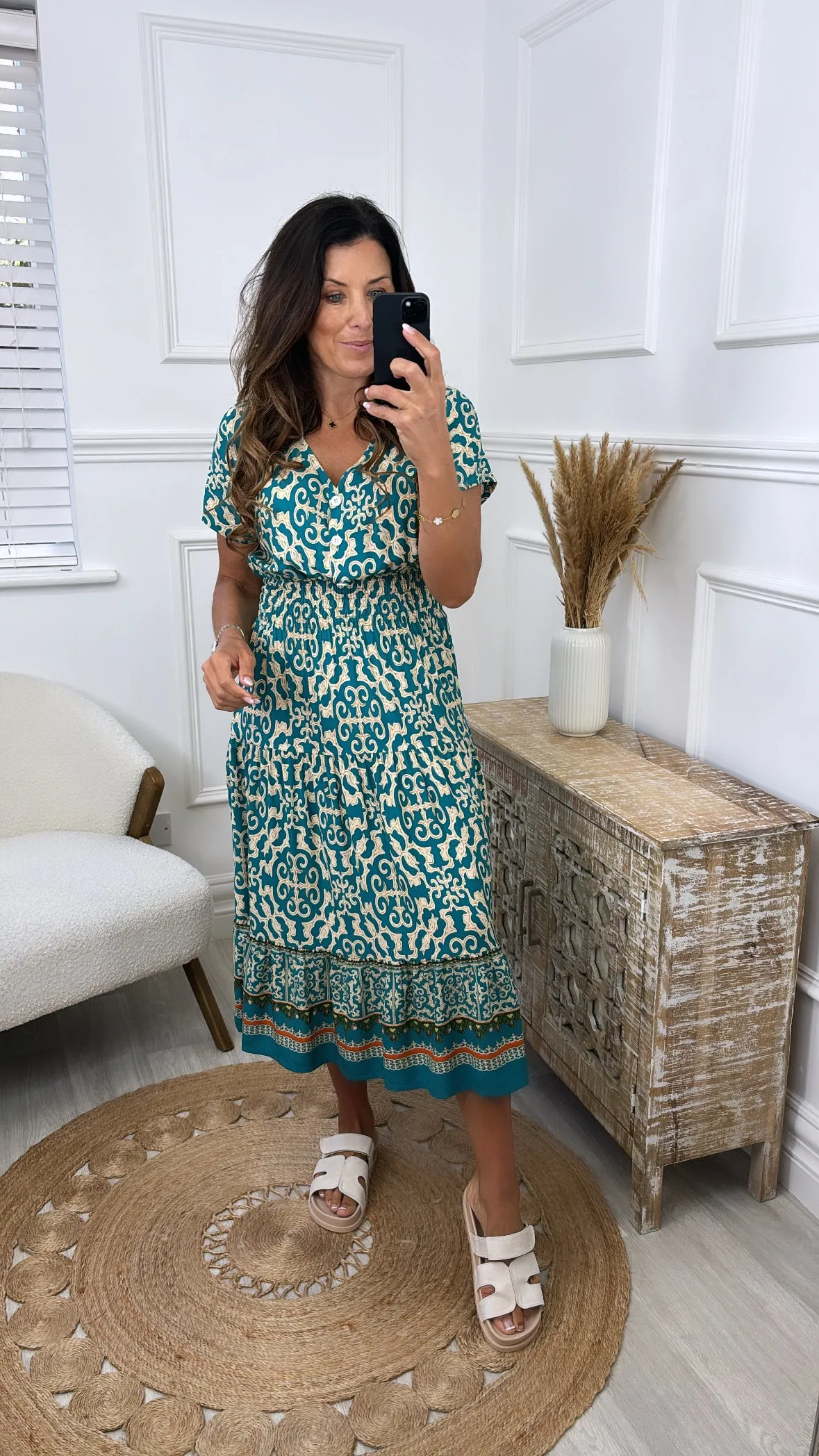 Eldora Teal Patterned Midi Dress